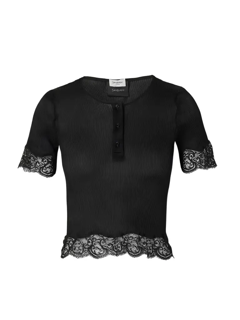 Saint Laurent Scalloped Lace-trimmed Ribbed Jersey Henley Top | Image 1 Saint Laurent Scalloped Lace-trimmed Ribbed Jersey Henley Top | Image 1
