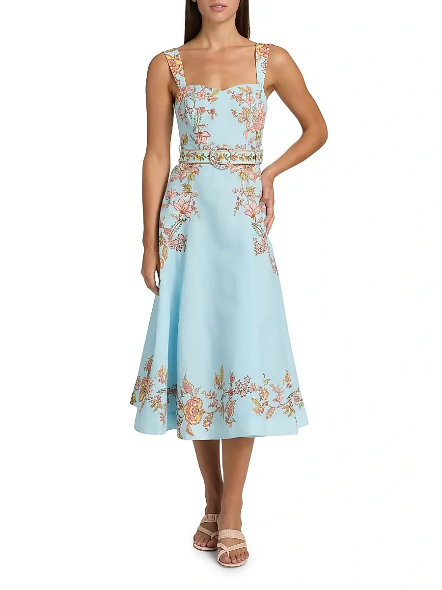 Hemant & Nandita Women's Riah Floral Cotton-Linen Belted Midi-Dress - Blue | Thumbnail 3 Hemant & Nandita Women's Riah Floral Cotton-Linen Belted Midi-Dress - Blue | Thumbnail 3