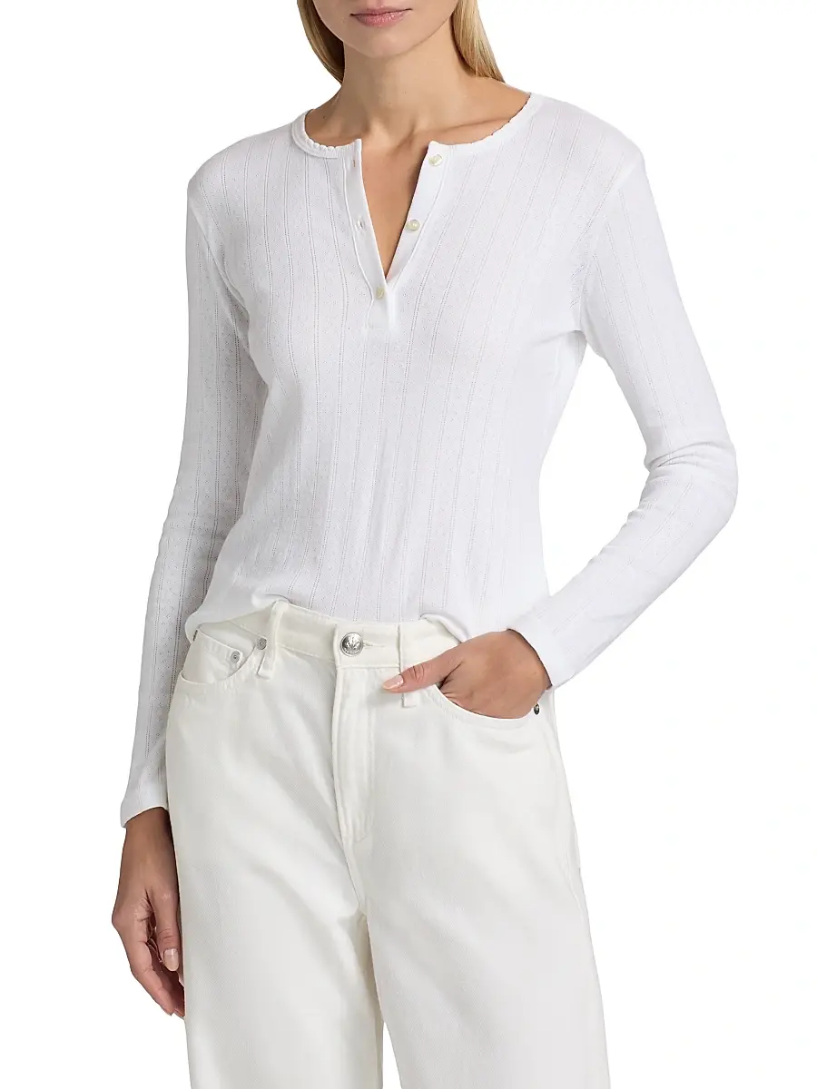 Leset Women's Pointelle Henley-Style Top - White | Thumbnail 3 Leset Women's Pointelle Henley-Style Top - White | Thumbnail 3