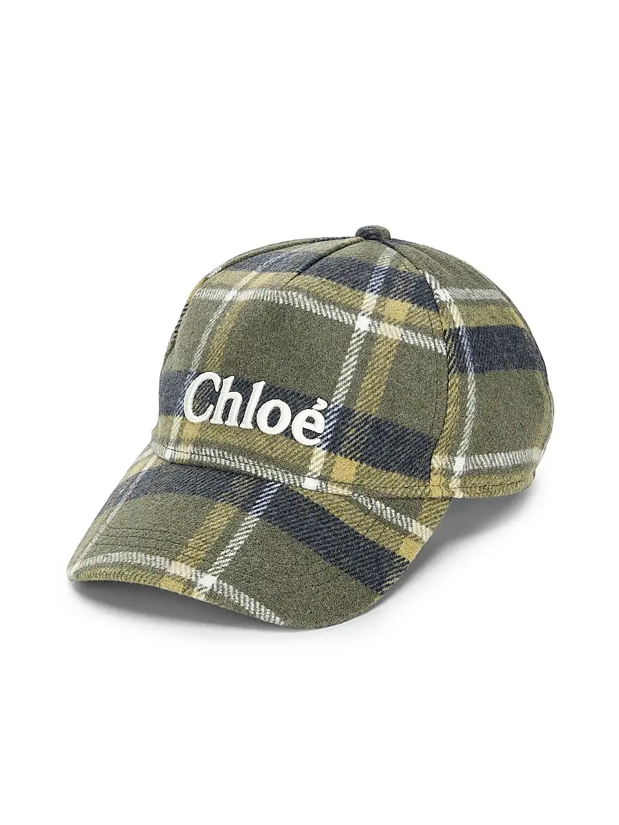 Chloé Girl's Logo Plaid Cap - Green Navy Plaid | Image 1 Chloé Girl's Logo Plaid Cap - Green Navy Plaid | Image 1