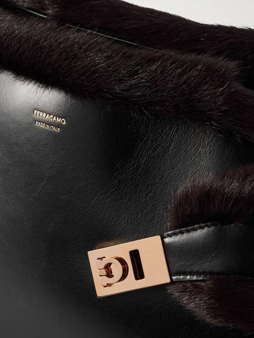 Ferragamo Hug Shearling-trimmed Leather Shoulder Bag | Thumbnail 4 Ferragamo Hug Shearling-trimmed Leather Shoulder Bag | Thumbnail 4