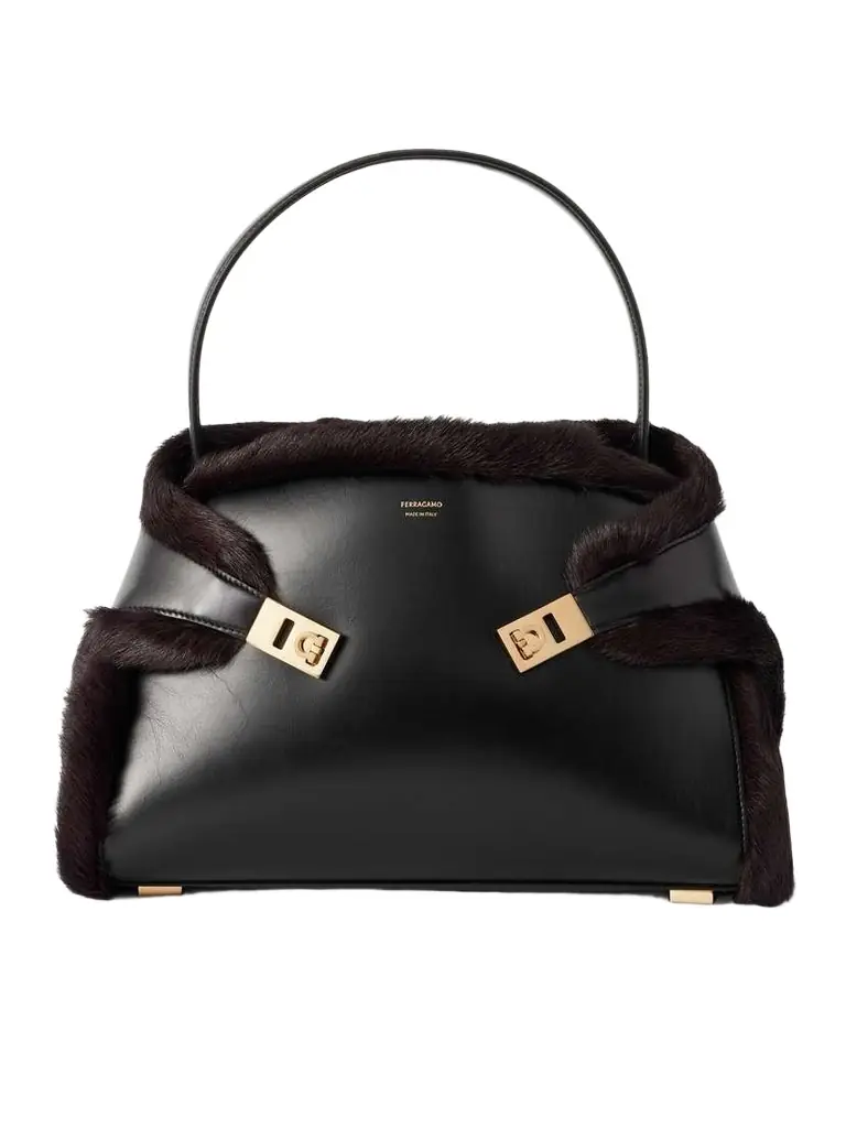 Ferragamo Hug Shearling-trimmed Leather Shoulder Bag | Image 1 Ferragamo Hug Shearling-trimmed Leather Shoulder Bag | Image 1