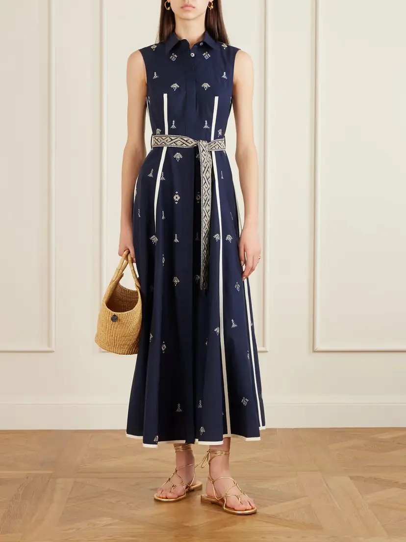 Emporio Sirenuse Belted Embroidered Cotton-poplin Midi Dress | Thumbnail 2
