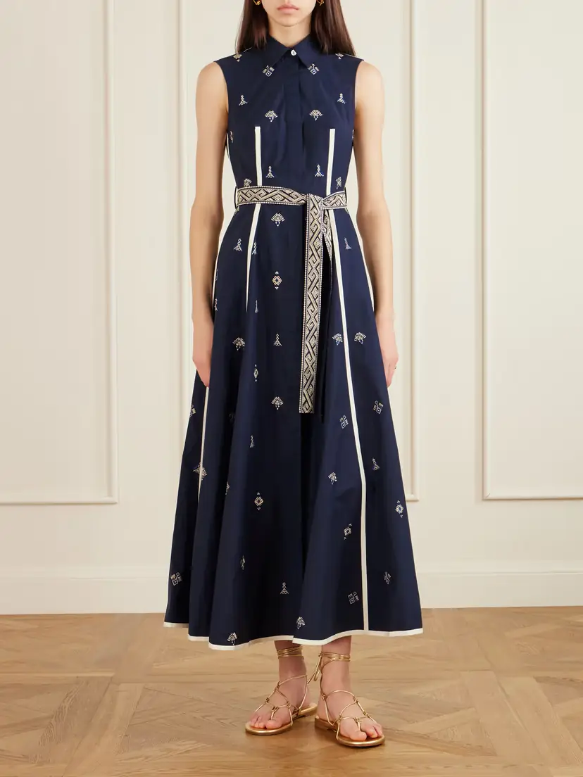 Emporio Sirenuse Belted Embroidered Cotton-poplin Midi Dress | Thumbnail 3
