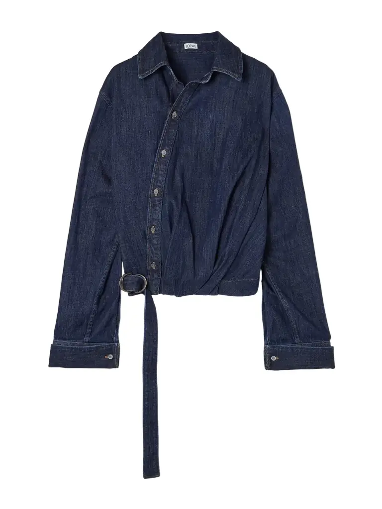 Belted Asymmetric Draped Denim Shirt Belted Asymmetric Draped Denim Shirt