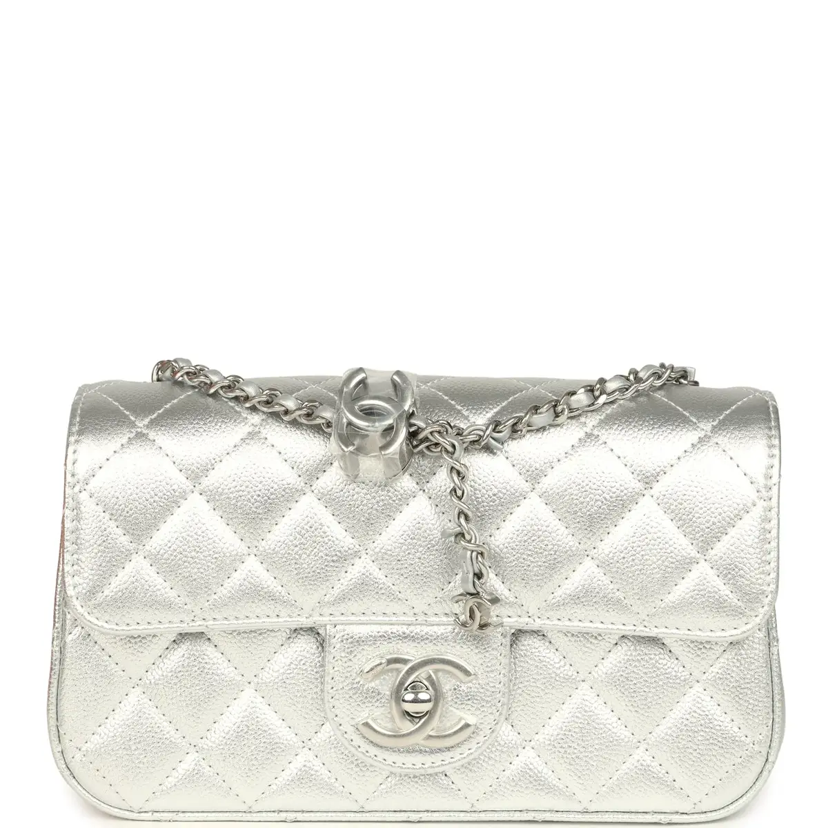 Chanel Chanel Mini CC Crush Flap Bag Silver Metallic Caviar Silver Hardware | Image 1 Chanel Chanel Mini CC Crush Flap Bag Silver Metallic Caviar Silver Hardware | Image 1