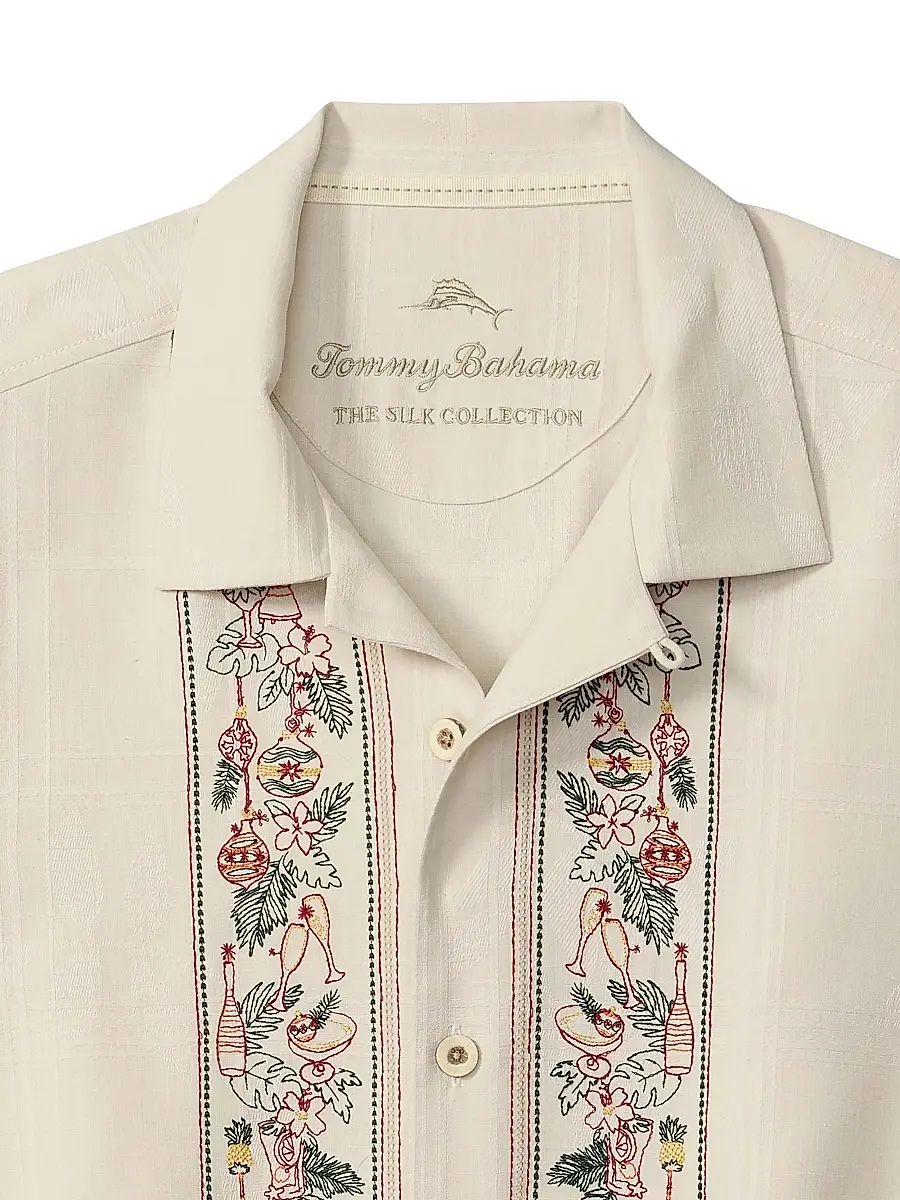 Tommy Bahama Men's Holiday in Paradise Embroidered Silk Shirt - Moonbeam | Thumbnail 2