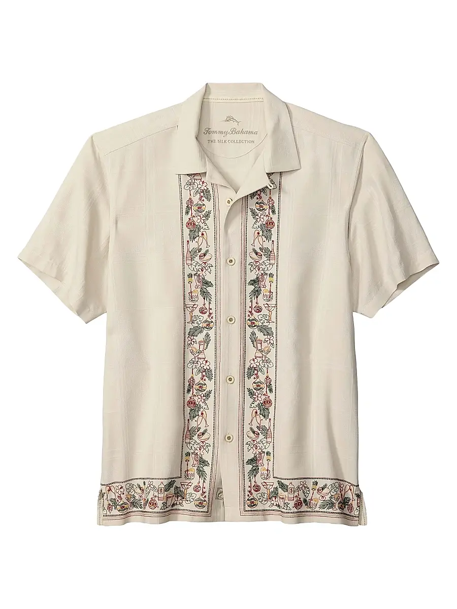 Men's Holiday in Paradise Embroidered Silk Shirt - Moonbeam