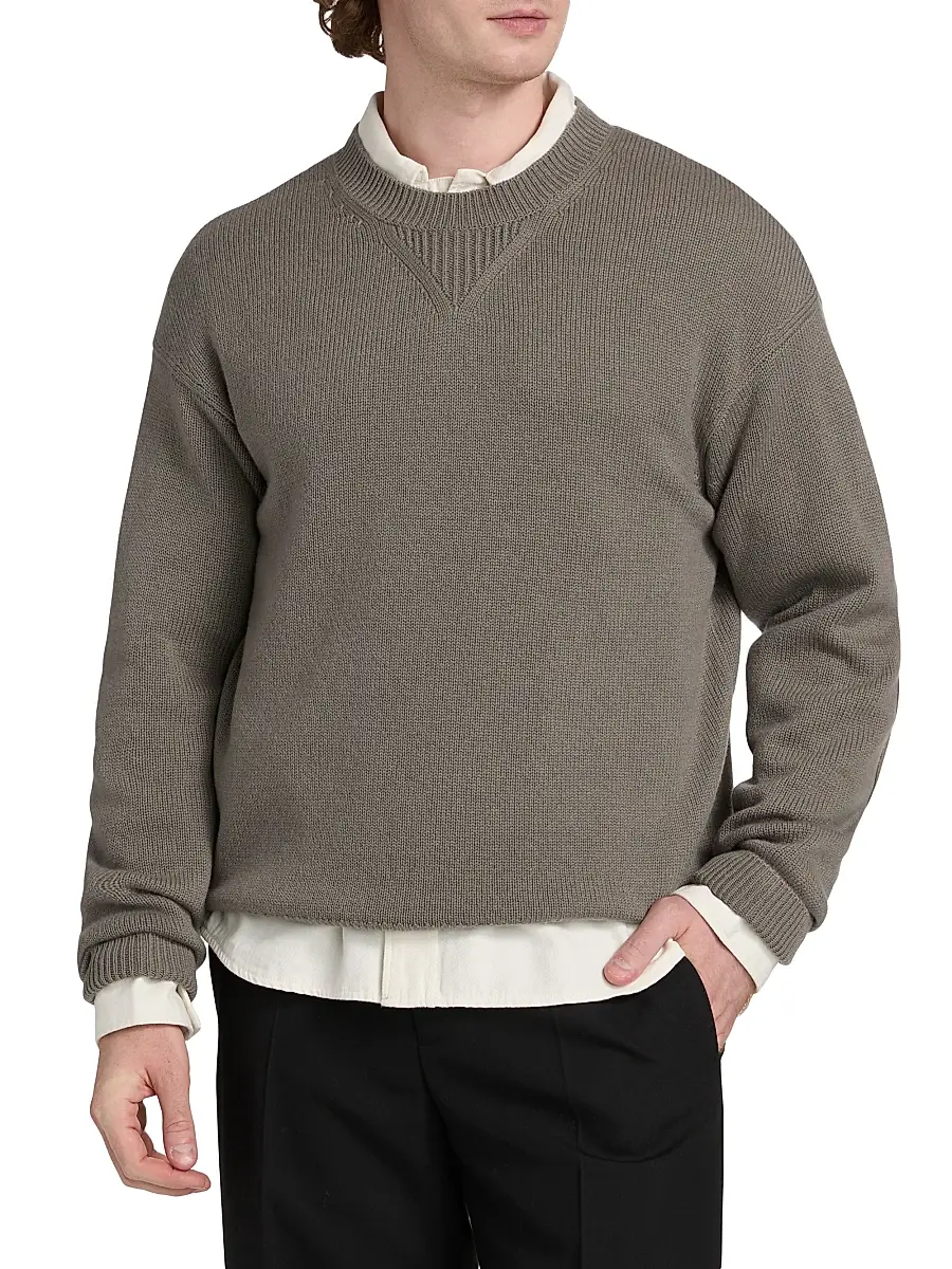 Frame Men's Suede Elbow-Patch Wool-Cashmere Crewneck Sweater - Light Taupe | Thumbnail 3 Frame Men's Suede Elbow-Patch Wool-Cashmere Crewneck Sweater - Light Taupe | Thumbnail 3