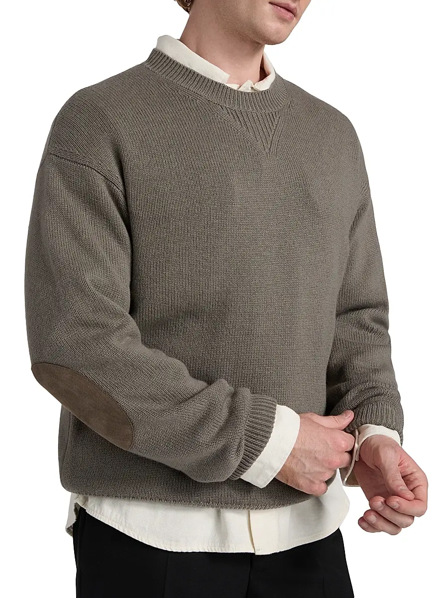 Frame Men's Suede Elbow-Patch Wool-Cashmere Crewneck Sweater - Light Taupe | Thumbnail 6 Frame Men's Suede Elbow-Patch Wool-Cashmere Crewneck Sweater - Light Taupe | Thumbnail 6