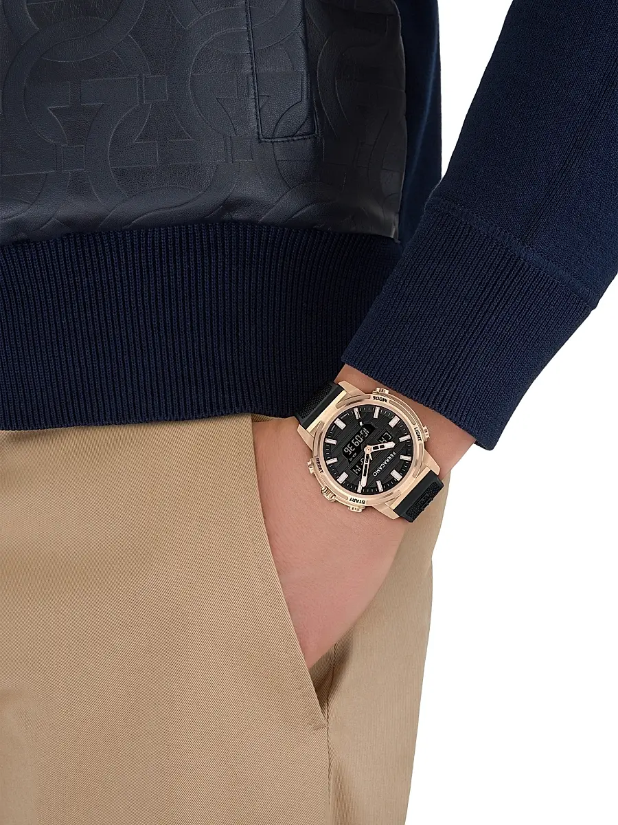 FERRAGAMO Men's Ren Rose Goldtone-Plated & Silicone Strap Watch/43MM - Black With Gold | Thumbnail 2 FERRAGAMO Men's Ren Rose Goldtone-Plated & Silicone Strap Watch/43MM - Black With Gold | Thumbnail 2