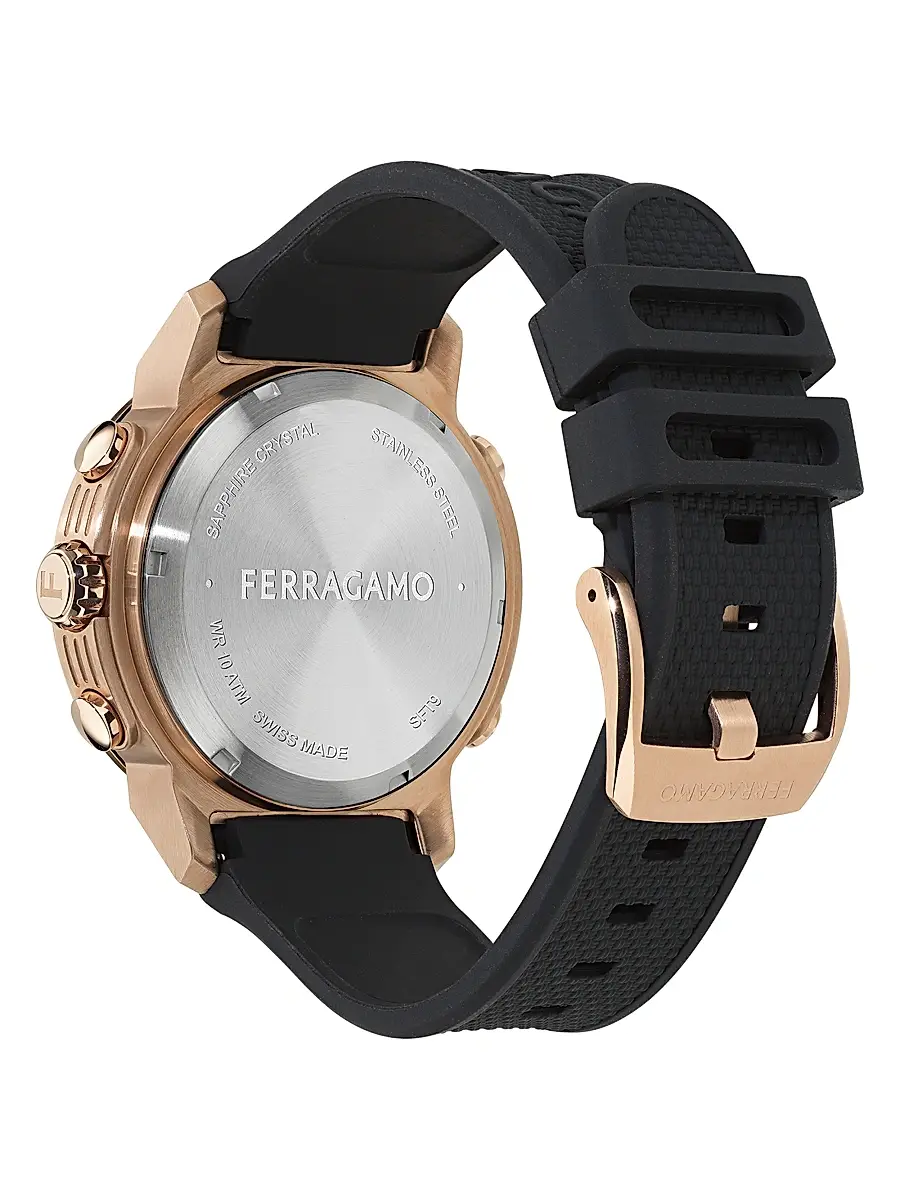 FERRAGAMO Men's Ren Rose Goldtone-Plated & Silicone Strap Watch/43MM - Black With Gold | Thumbnail 4 FERRAGAMO Men's Ren Rose Goldtone-Plated & Silicone Strap Watch/43MM - Black With Gold | Thumbnail 4
