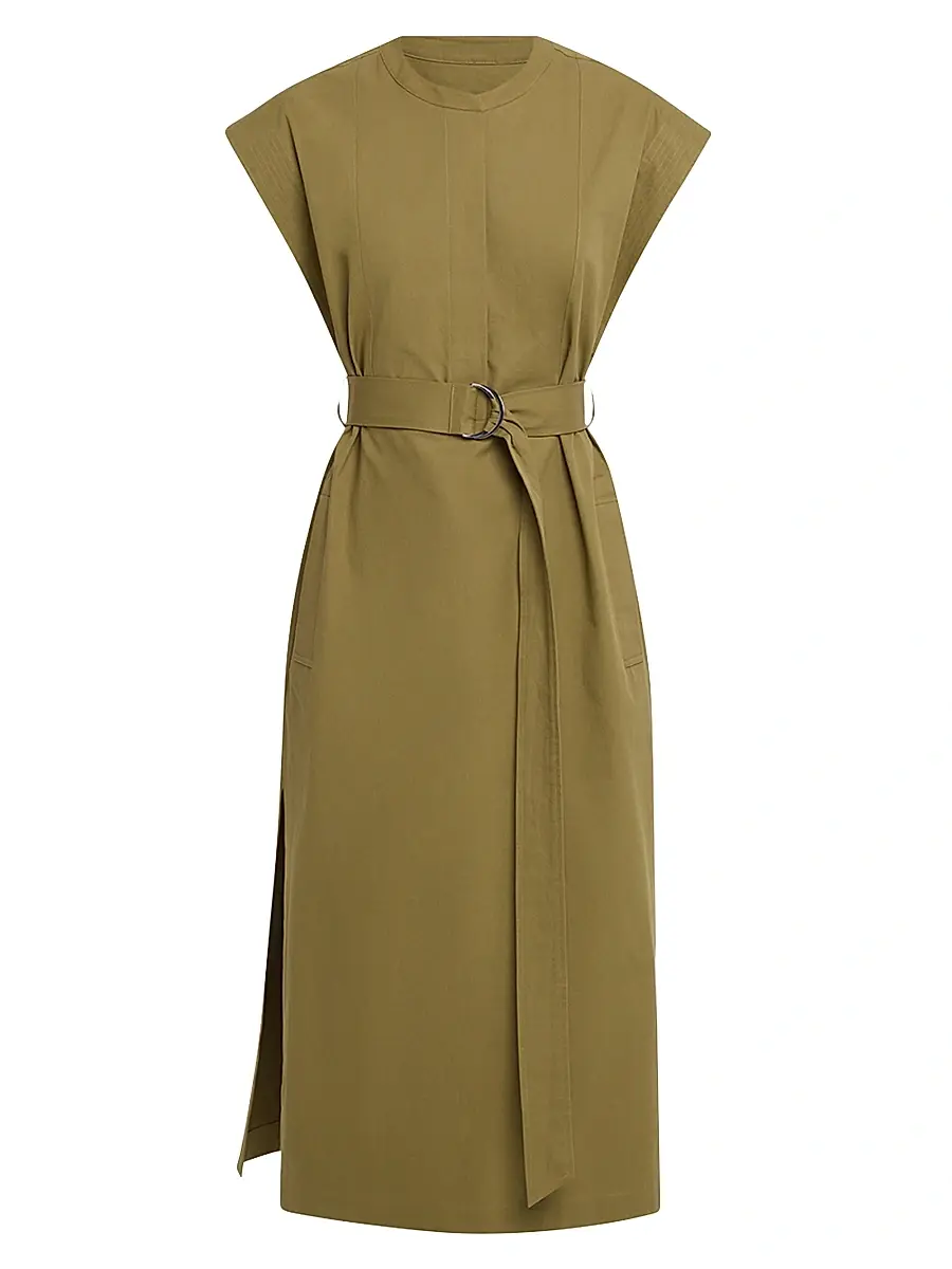 ARGENT Women's Belted Cap-Sleeve Cotton Twill Midi-Dress - Green | Image 1 ARGENT Women's Belted Cap-Sleeve Cotton Twill Midi-Dress - Green | Image 1