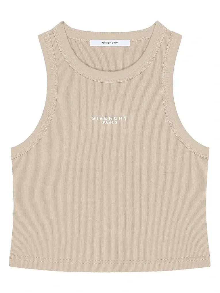 Givenchy Women's Cropped Tank Top in Cotton with Paris Print - Beige Cappuccino