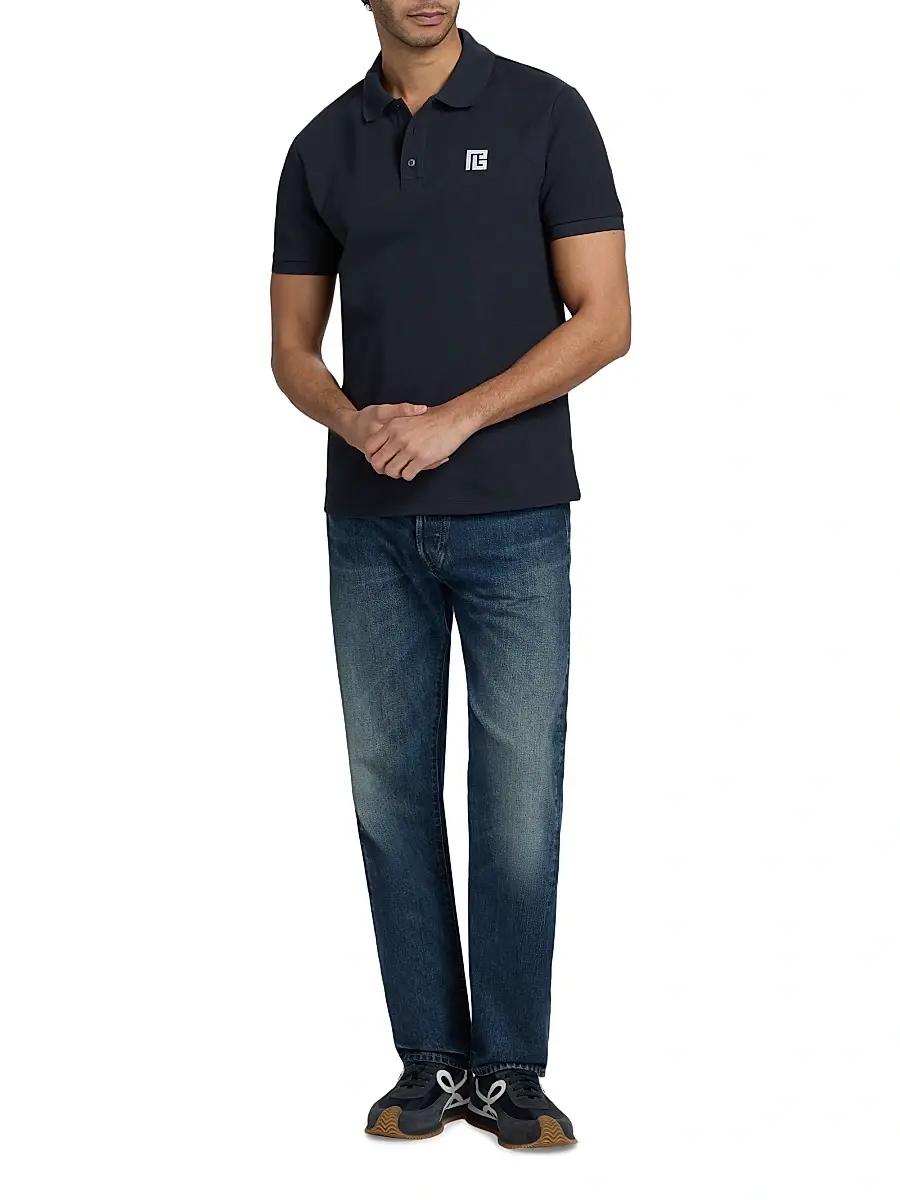 Balmain Men's Monogram Embroidered Polo Shirt - Siv Marine Blanc | Thumbnail 2 Balmain Men's Monogram Embroidered Polo Shirt - Siv Marine Blanc | Thumbnail 2