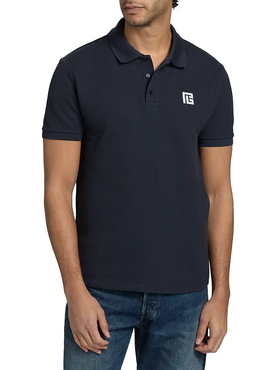 Balmain Men's Monogram Embroidered Polo Shirt - Siv Marine Blanc | Thumbnail 3 Balmain Men's Monogram Embroidered Polo Shirt - Siv Marine Blanc | Thumbnail 3
