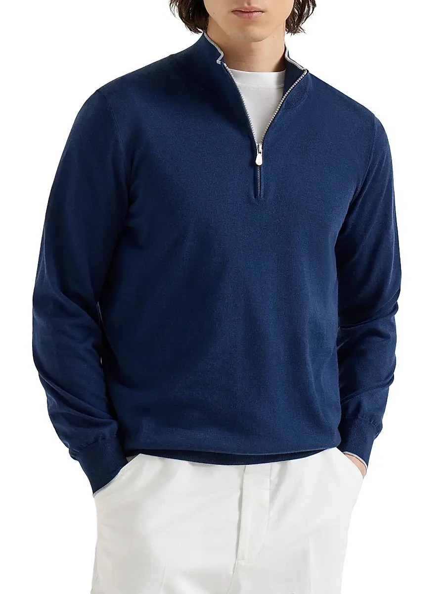 Brunello Cucinelli Men's Sea Island Cotton and Cashmere Lightweight Sweater with Half Zip | Thumbnail 2