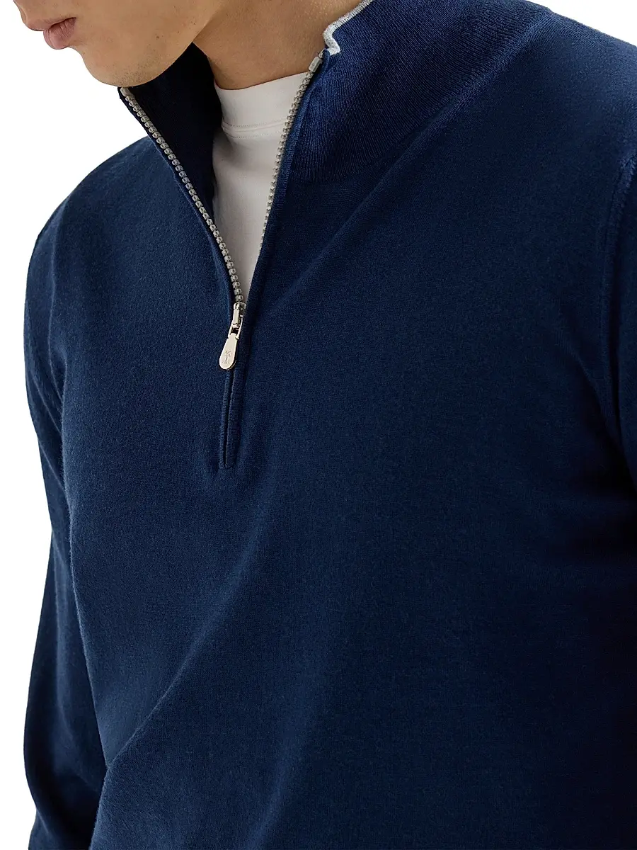 Brunello Cucinelli Men's Sea Island Cotton and Cashmere Lightweight Sweater with Half Zip | Thumbnail 4