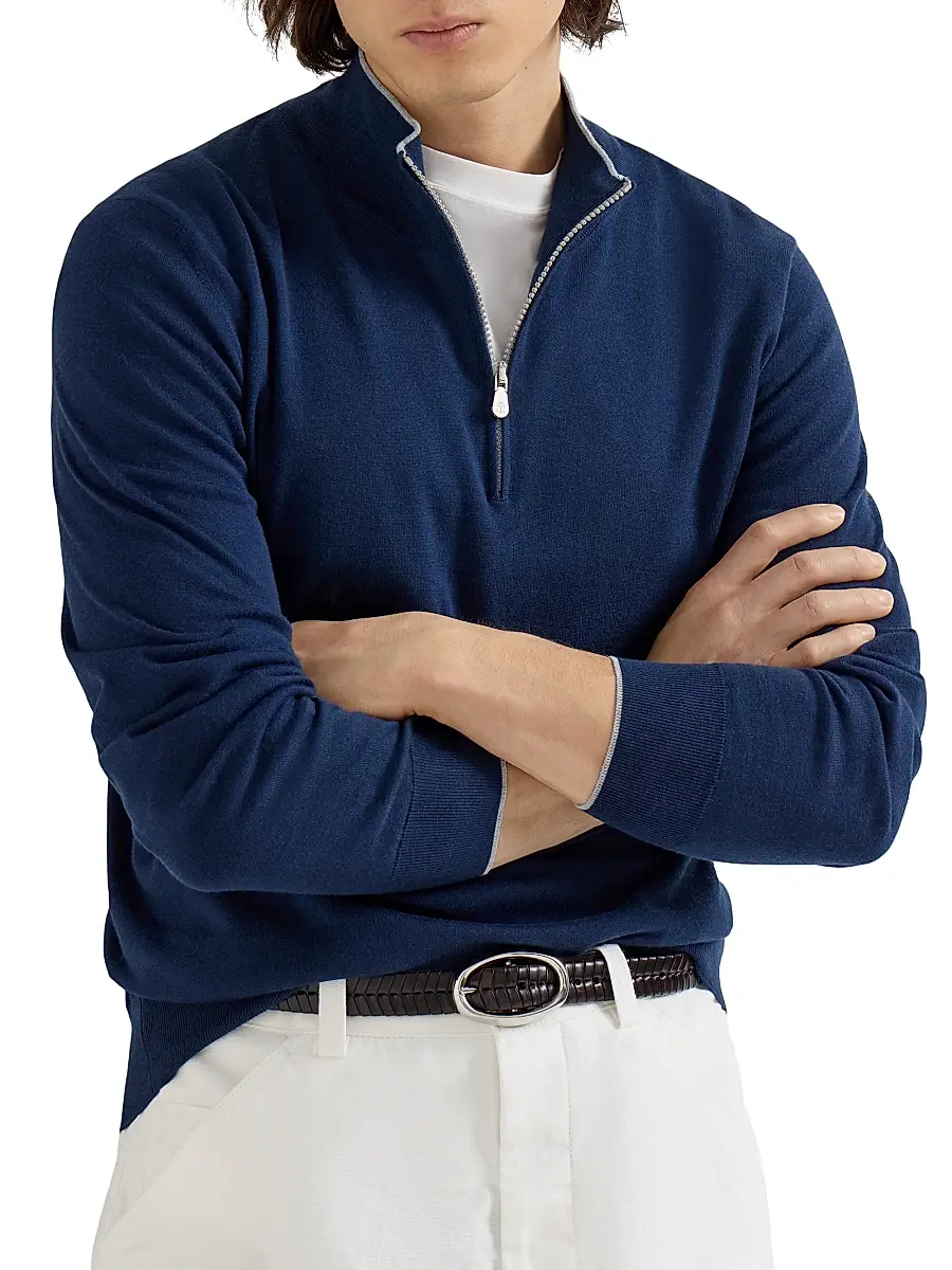 Brunello Cucinelli Men's Sea Island Cotton and Cashmere Lightweight Sweater with Half Zip | Thumbnail 5