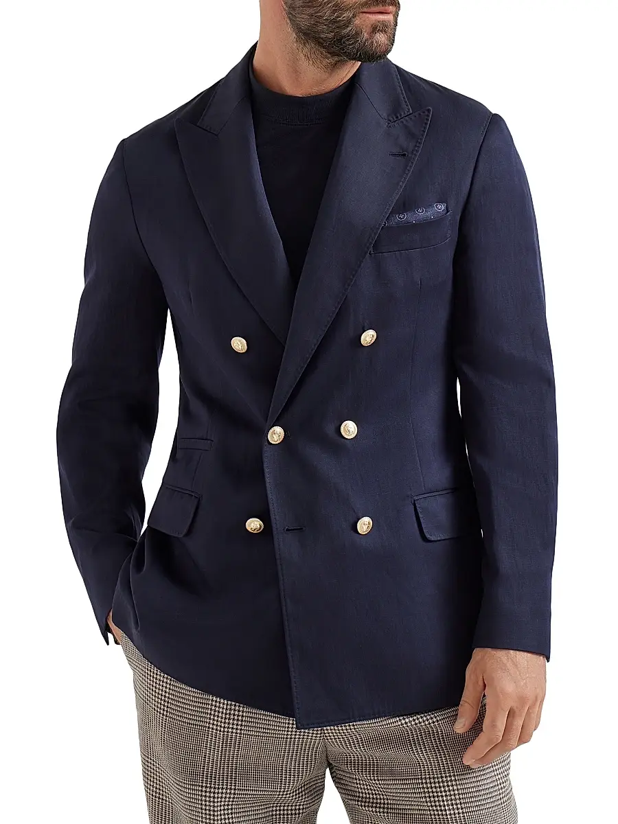 Brunello Cucinelli Men's Délavé Silk and Linen Twill One and a Half Breasted Deconstructed Blazer - Navy Blue | Image 1 Brunello Cucinelli Men's Délavé Silk and Linen Twill One and a Half Breasted Deconstructed Blazer - Navy Blue | Image 1