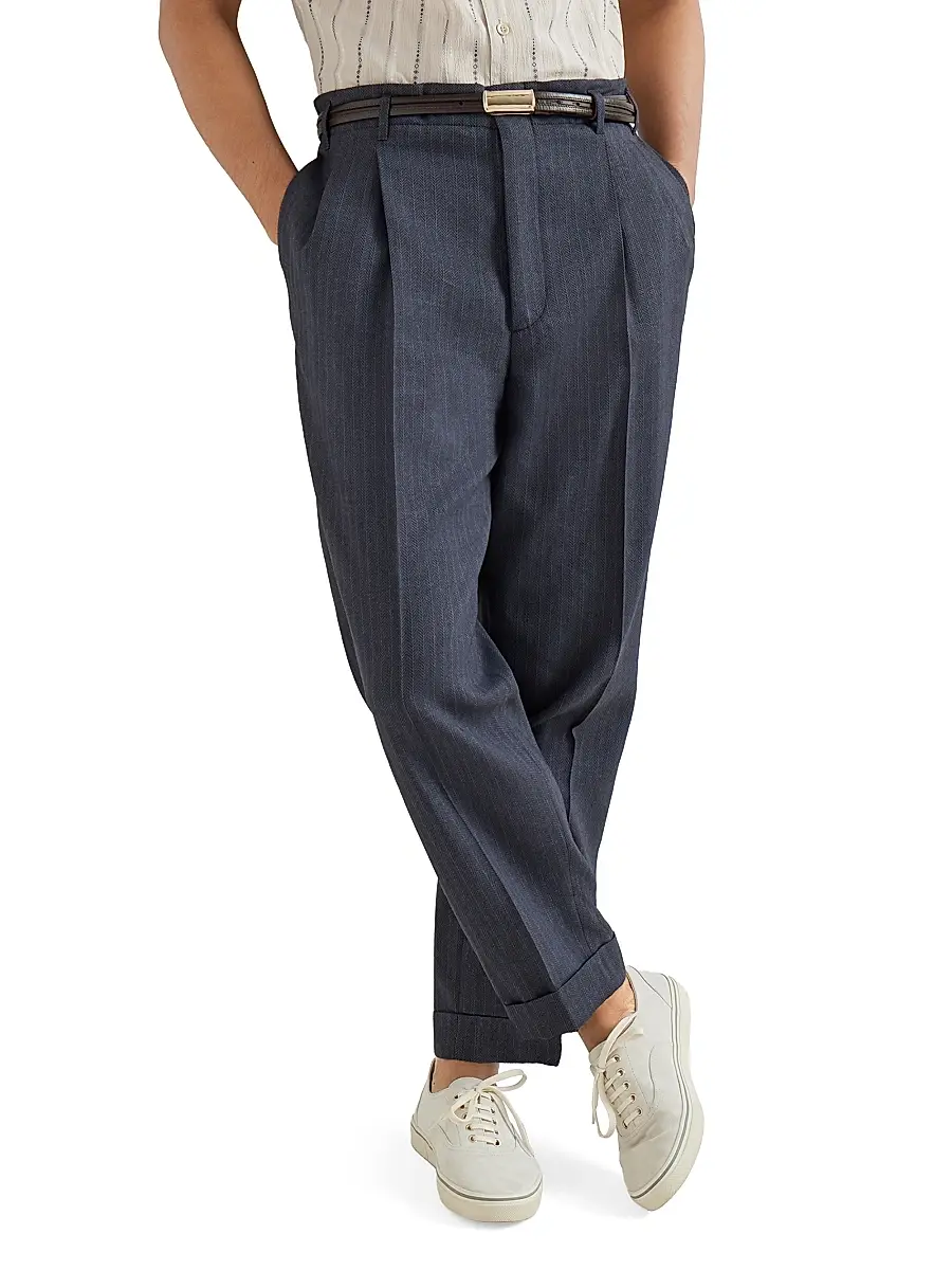 Brunello Cucinelli Men's Virgin Wool and Paper Fiber Chevron Trousers with Double Pleats - Navy Blue | Thumbnail 2