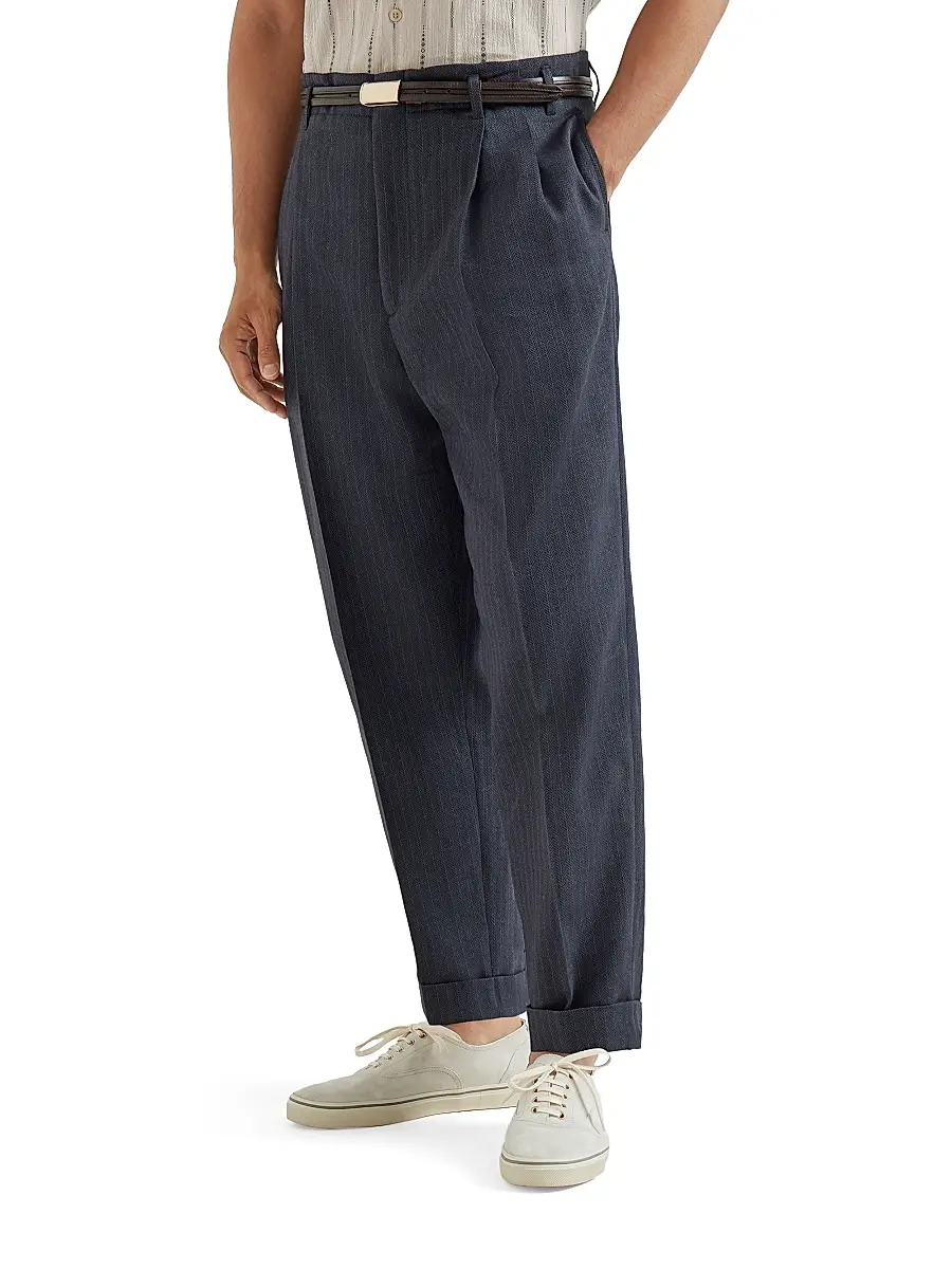 Brunello Cucinelli Men's Virgin Wool and Paper Fiber Chevron Trousers with Double Pleats - Navy Blue | Thumbnail 3