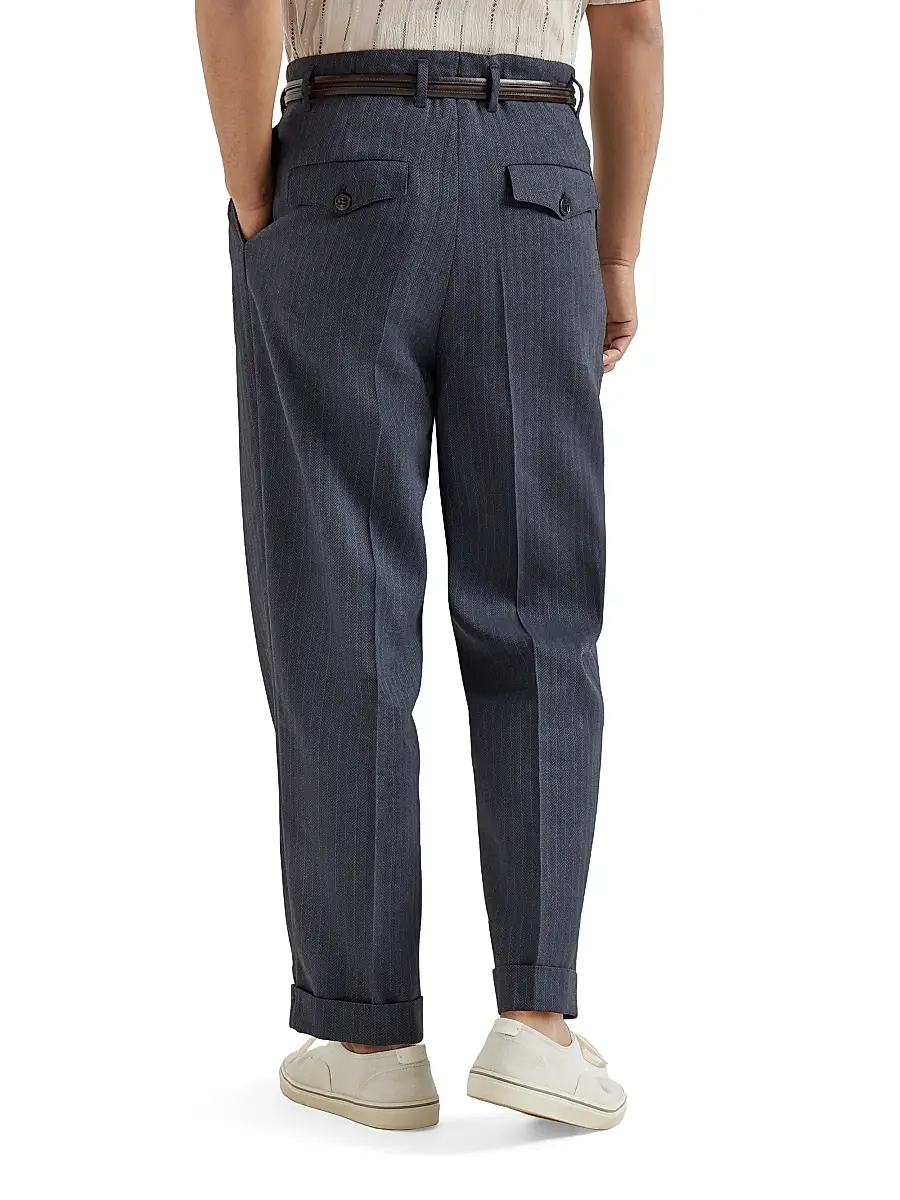 Brunello Cucinelli Men's Virgin Wool and Paper Fiber Chevron Trousers with Double Pleats - Navy Blue | Thumbnail 4