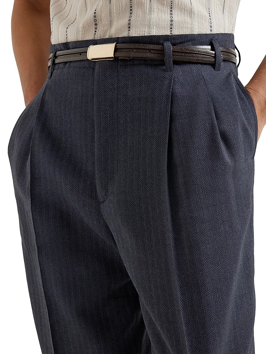Brunello Cucinelli Men's Virgin Wool and Paper Fiber Chevron Trousers with Double Pleats - Navy Blue | Thumbnail 5