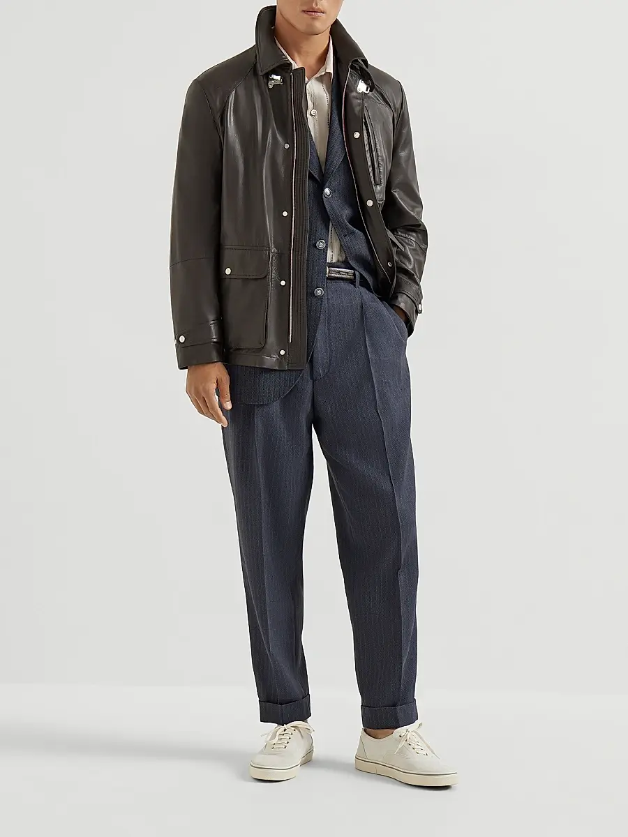 Brunello Cucinelli Men's Virgin Wool and Paper Fiber Chevron Trousers with Double Pleats - Navy Blue | Thumbnail 6