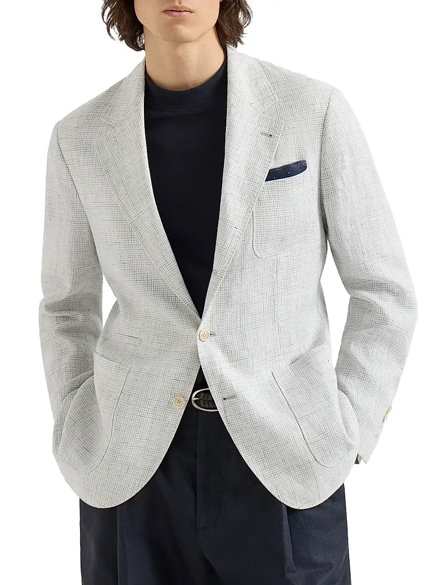 Brunello Cucinelli Men's Linen Houndstooth Deconstructed Blazer with Patch Pockets - Pearl Grey | Image 1 Brunello Cucinelli Men's Linen Houndstooth Deconstructed Blazer with Patch Pockets - Pearl Grey | Image 1