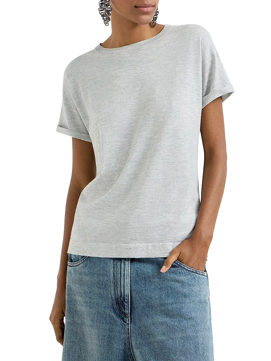 Brunello Cucinelli Women's Sparkling Cashmere and Silk Lightweight Knit T-Shirt - Light Grey | Thumbnail 2 Brunello Cucinelli Women's Sparkling Cashmere and Silk Lightweight Knit T-Shirt - Light Grey | Thumbnail 2