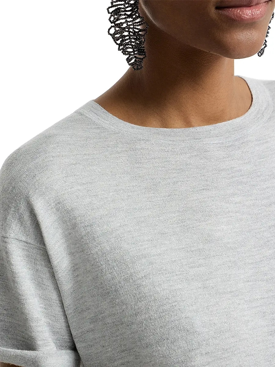 Brunello Cucinelli Women's Sparkling Cashmere and Silk Lightweight Knit T-Shirt - Light Grey | Thumbnail 4 Brunello Cucinelli Women's Sparkling Cashmere and Silk Lightweight Knit T-Shirt - Light Grey | Thumbnail 4
