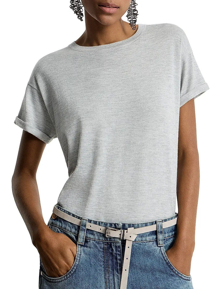 Brunello Cucinelli Women's Sparkling Cashmere and Silk Lightweight Knit T-Shirt - Light Grey | Thumbnail 5 Brunello Cucinelli Women's Sparkling Cashmere and Silk Lightweight Knit T-Shirt - Light Grey | Thumbnail 5