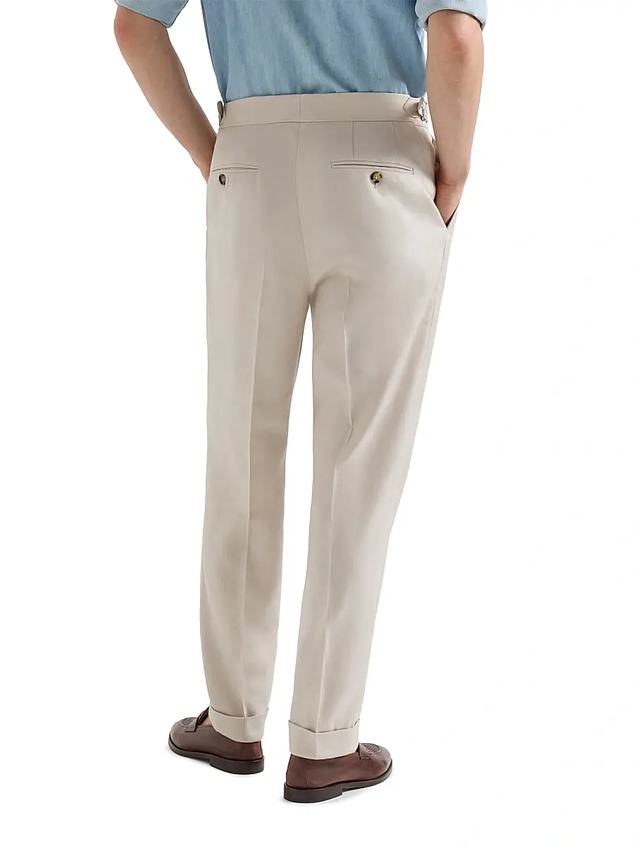 Brunello Cucinelli Men's Gabardine Trousers with Double Pleats and Waist Tabs - Buff | Thumbnail 3 Brunello Cucinelli Men's Gabardine Trousers with Double Pleats and Waist Tabs - Buff | Thumbnail 3