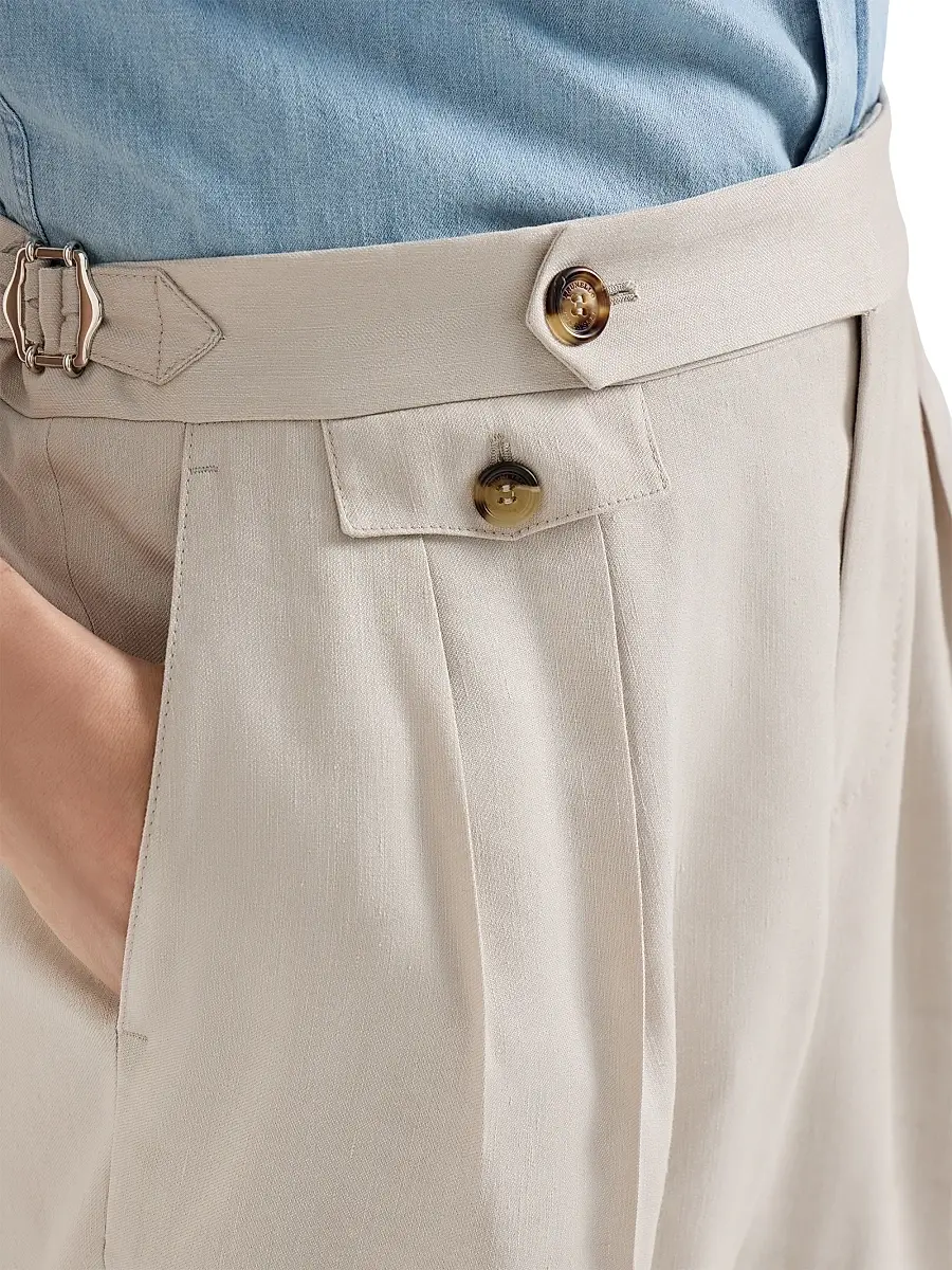 Brunello Cucinelli Men's Gabardine Trousers with Double Pleats and Waist Tabs - Buff | Thumbnail 4 Brunello Cucinelli Men's Gabardine Trousers with Double Pleats and Waist Tabs - Buff | Thumbnail 4