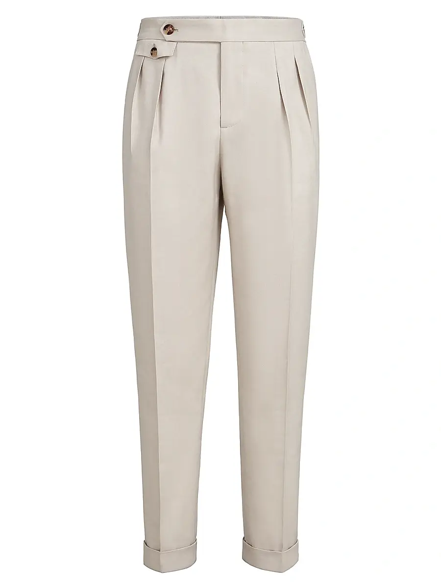 Brunello Cucinelli Men's Gabardine Trousers with Double Pleats and Waist Tabs - Buff | Image 1 Brunello Cucinelli Men's Gabardine Trousers with Double Pleats and Waist Tabs - Buff | Image 1