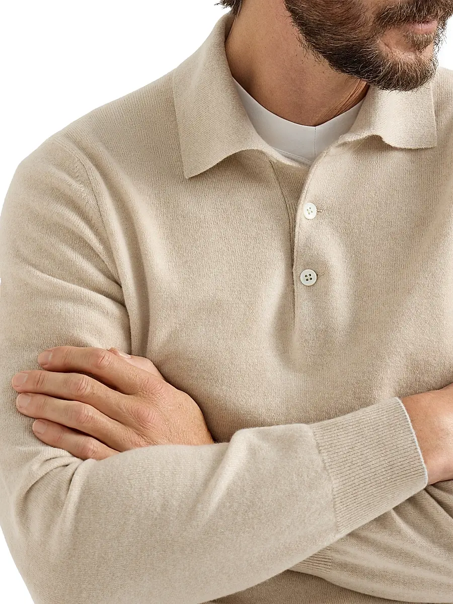 Brunello Cucinelli Men's Cashmere Knit Polo Shirt - Sand | Thumbnail 4 Brunello Cucinelli Men's Cashmere Knit Polo Shirt - Sand | Thumbnail 4