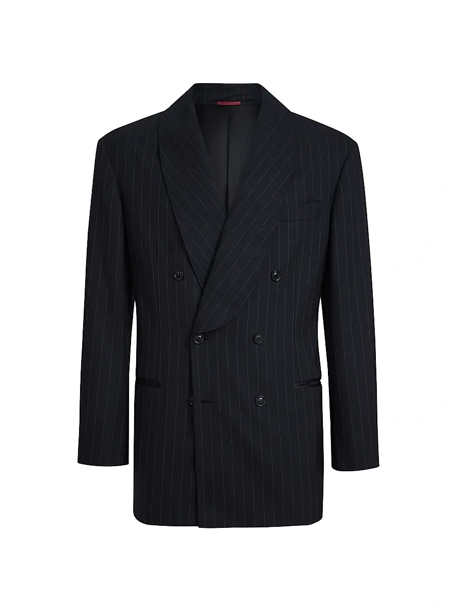 Brunello Cucinelli Men's Super 150s Virgin Wool Chalk Stripe One and a Half Breasted Tuxedo Jacket - Black | Image 1 Brunello Cucinelli Men's Super 150s Virgin Wool Chalk Stripe One and a Half Breasted Tuxedo Jacket - Black | Image 1