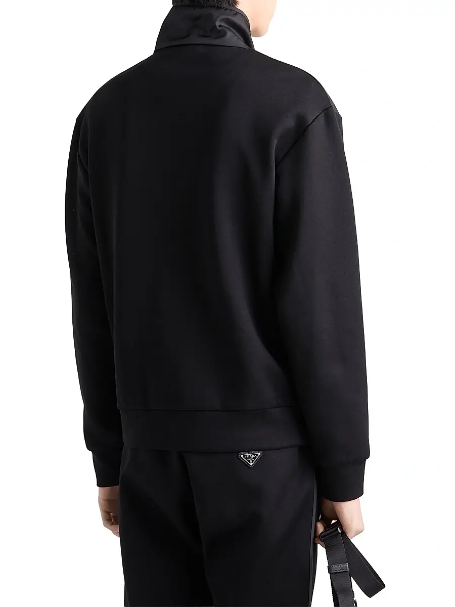 Prada Men's Cotton Fleece Zipper Jacket with Re-Nylon Details - Black | Thumbnail 3