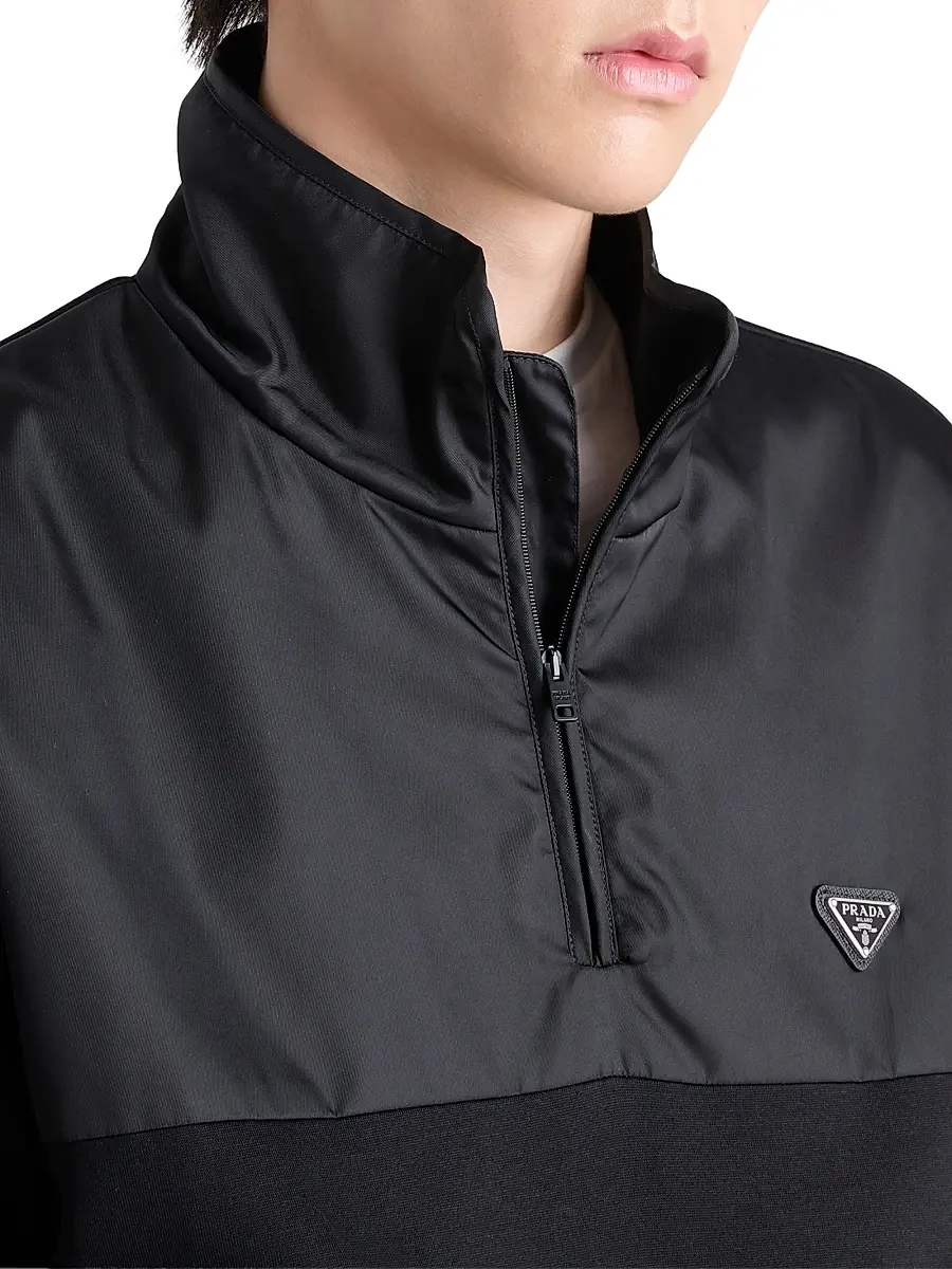 Prada Men's Cotton Fleece Zipper Jacket with Re-Nylon Details - Black | Thumbnail 4