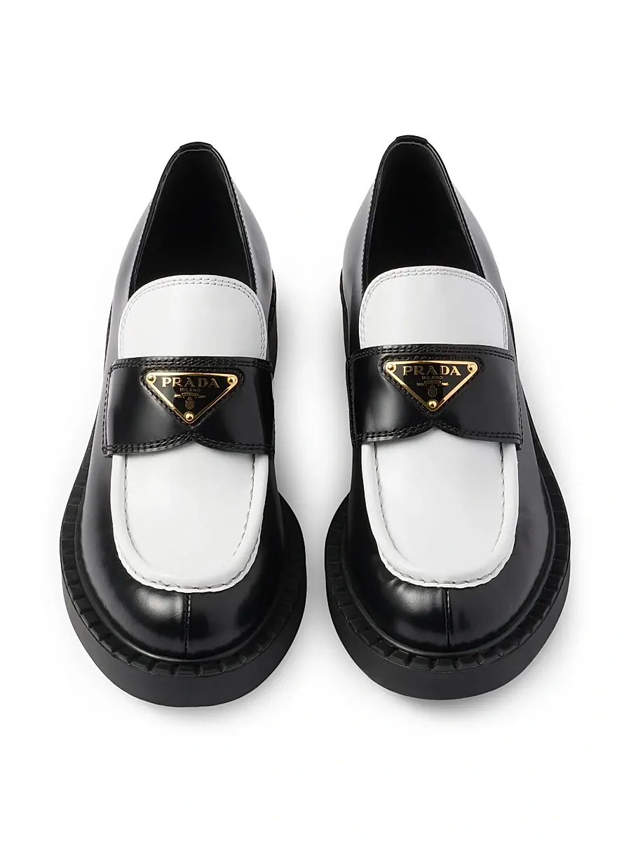 Prada Women's Chocolate Two-Tone Brushed Leather Loafers - Black | Thumbnail 2 Prada Women's Chocolate Two-Tone Brushed Leather Loafers - Black | Thumbnail 2