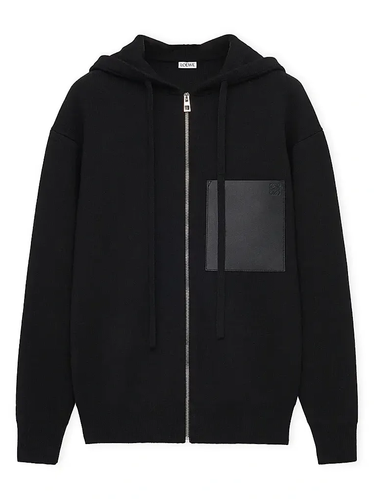 Men's Leather Patch Pocket & Wool Zip-Front Hoodie Men's Leather Patch Pocket & Wool Zip-Front Hoodie