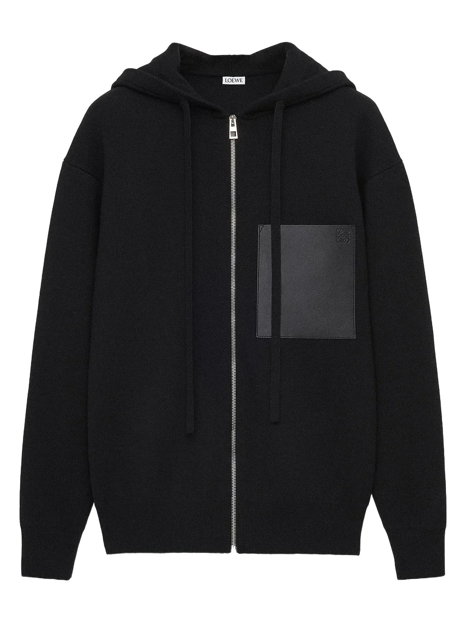 Loewe Men's Leather Patch Pocket & Wool Zip-Front Hoodie