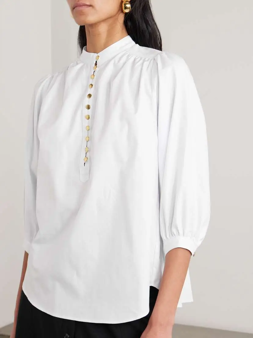 MAISON MAYLE Vivi Pleated Herringbone Cotton Blouse | Thumbnail 3