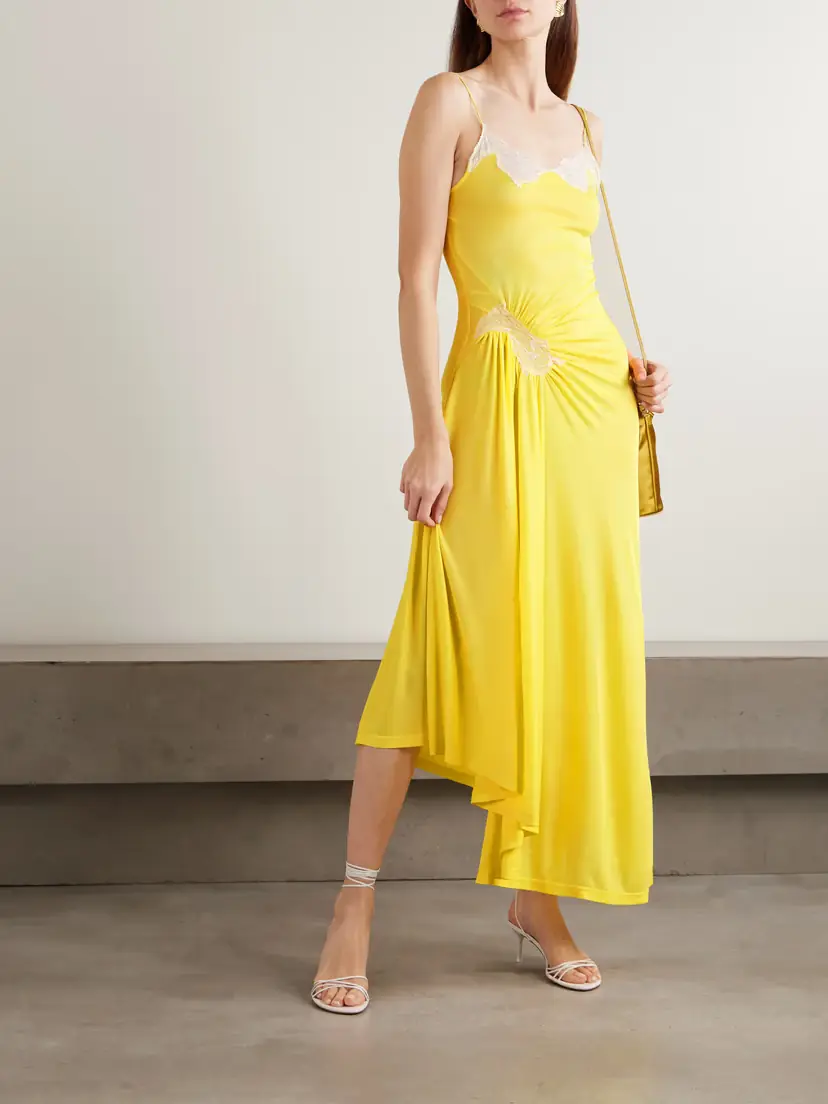 Christopher Esber Delphin Asymmetric Gathered Lace-trimmed Ribbed Jersey Midi Dress | Thumbnail 2 Christopher Esber Delphin Asymmetric Gathered Lace-trimmed Ribbed Jersey Midi Dress | Thumbnail 2