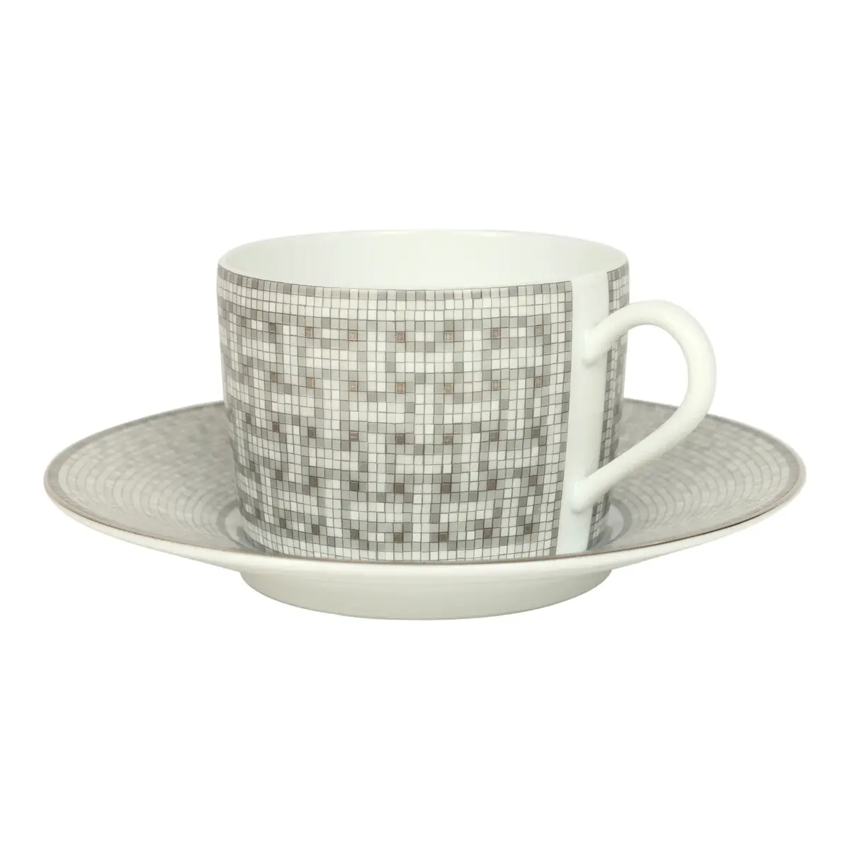 HERMÈS Hermes "Mosaique Au 24" White & Grey Porcelain Tea Cup and Saucer Set | Thumbnail 2