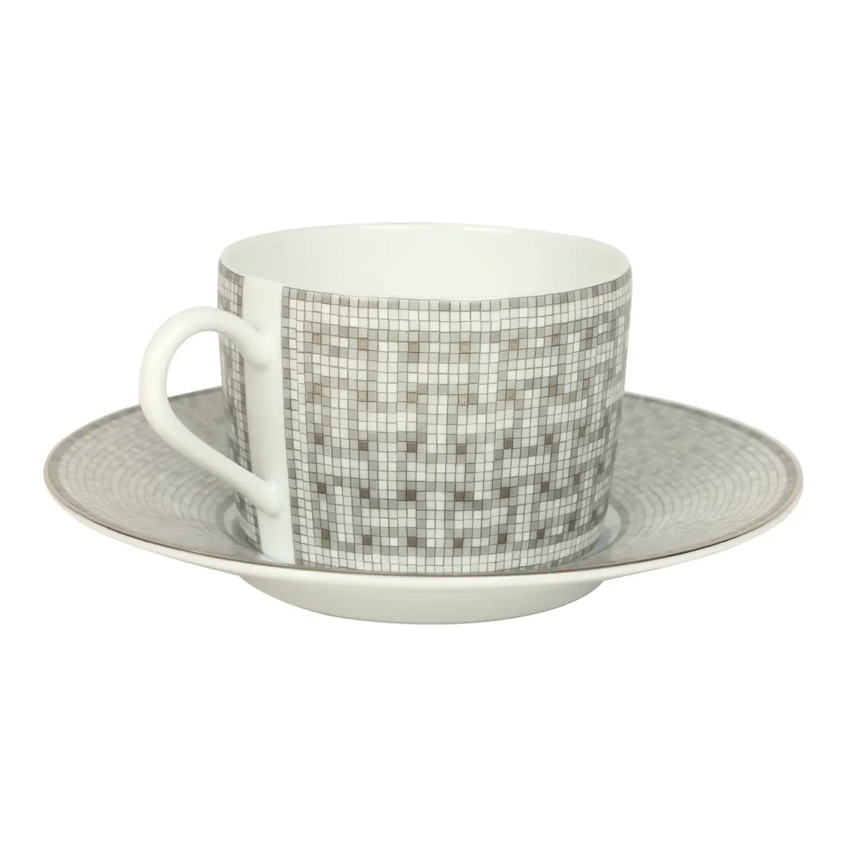 HERMÈS Hermes "Mosaique Au 24" White & Grey Porcelain Tea Cup and Saucer Set | Thumbnail 3