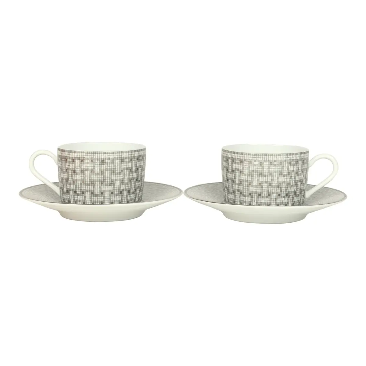HERMÈS Hermes "Mosaique Au 24" White & Grey Porcelain Tea Cup and Saucer Set