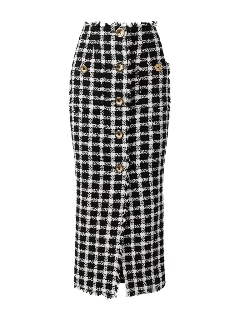 Balmain Frayed Checked Cotton-blend Tweed Midi Skirt | Image 1 Balmain Frayed Checked Cotton-blend Tweed Midi Skirt | Image 1