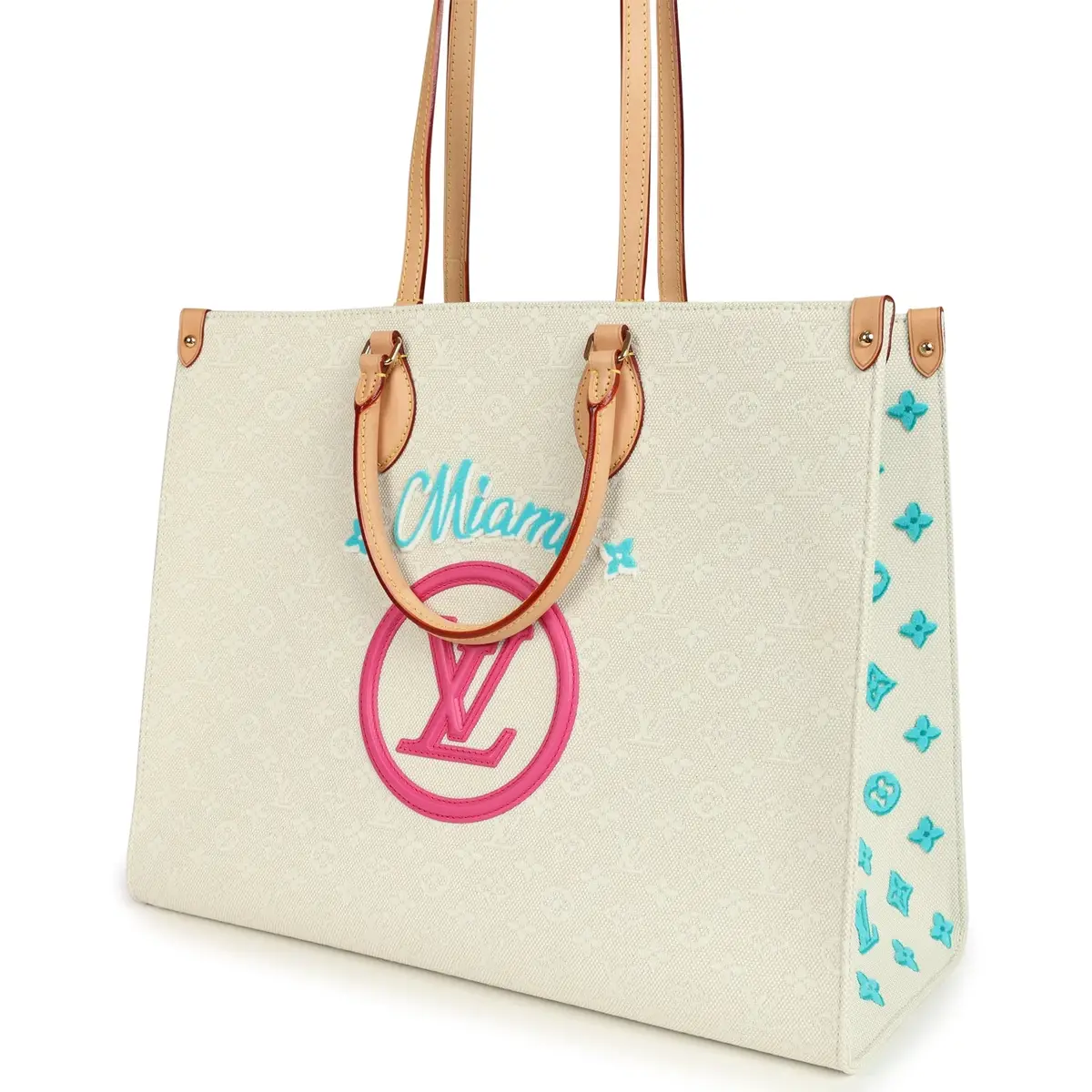 Louis Vuitton Louis Vuitton On The Go Miami GM Tote Light Beige Multi Jacquard Monogram Gold Hardware | Thumbnail 5 Louis Vuitton Louis Vuitton On The Go Miami GM Tote Light Beige Multi Jacquard Monogram Gold Hardware | Thumbnail 5